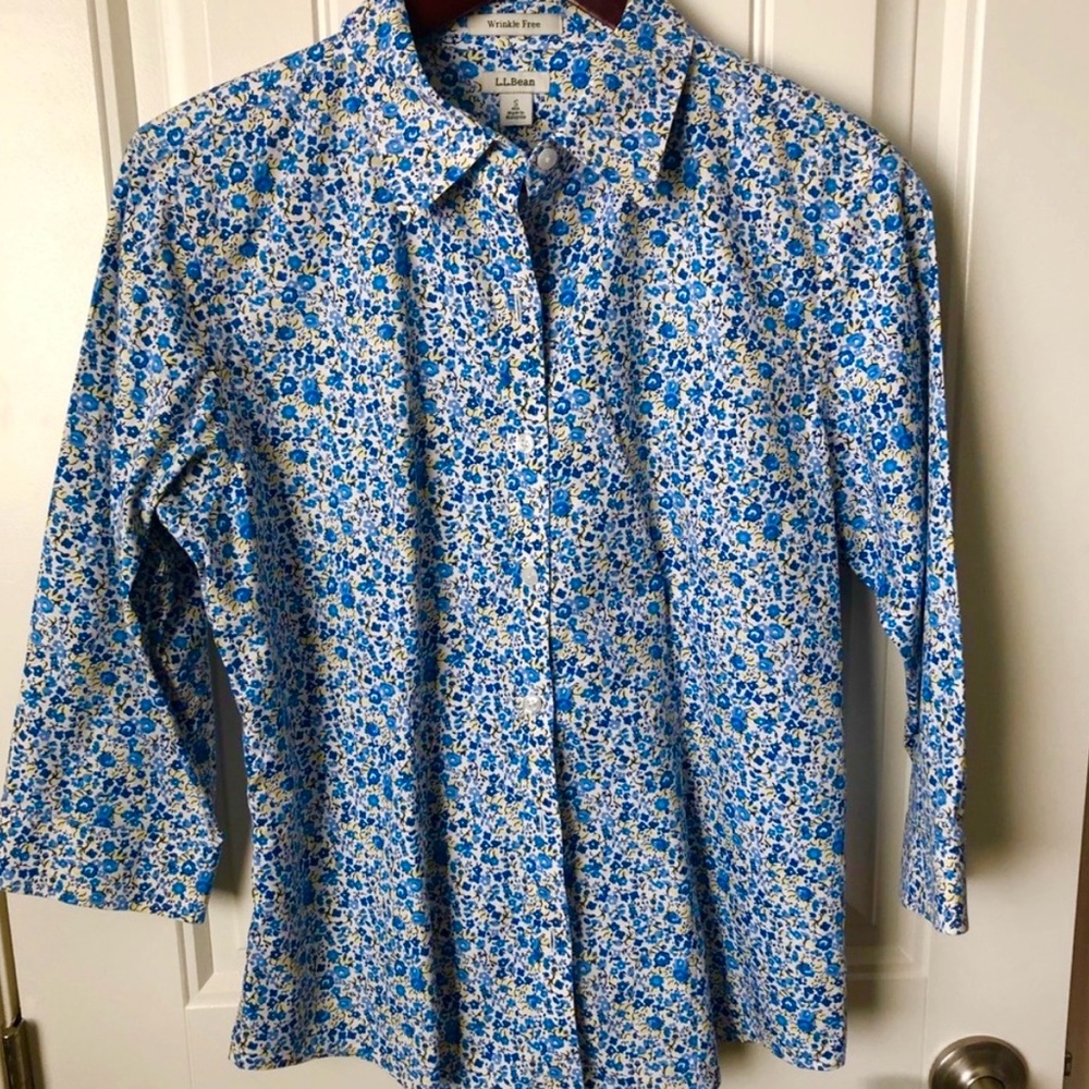 L.L. Bean Blue and Yellow Ditsy Floral Button Down Shirt - Picture 7 of 7